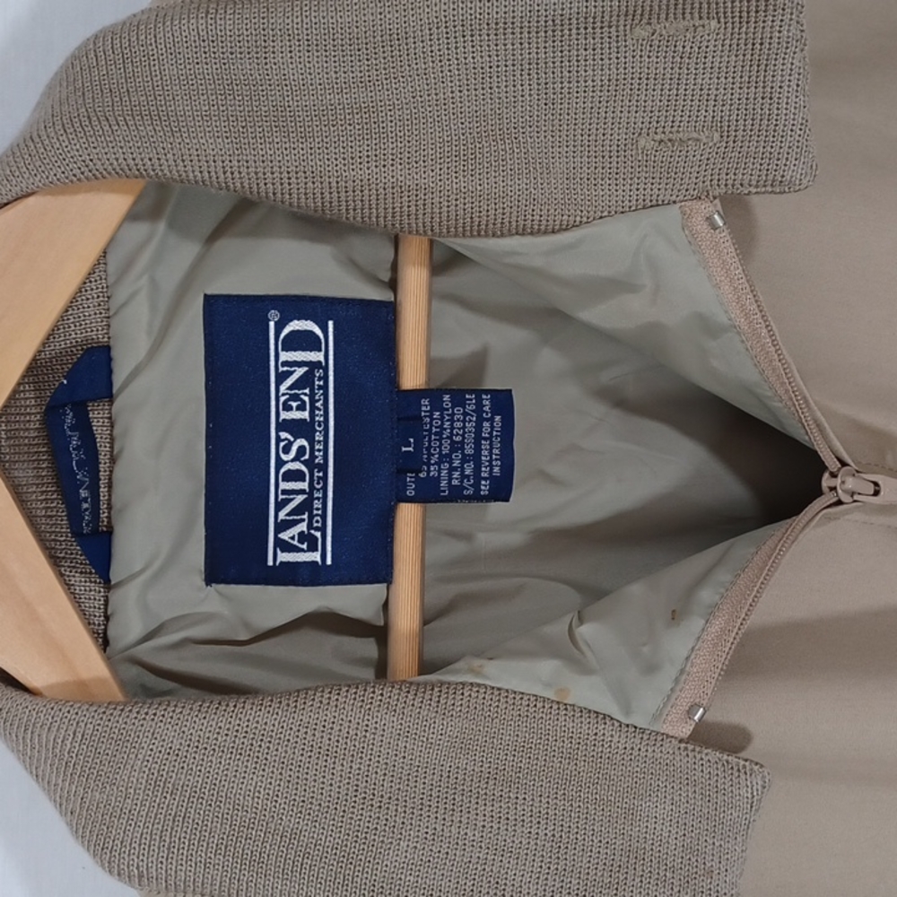 Vintage Lands End Bombers Jacket Coat Size Large Khaki Tan Zips up front